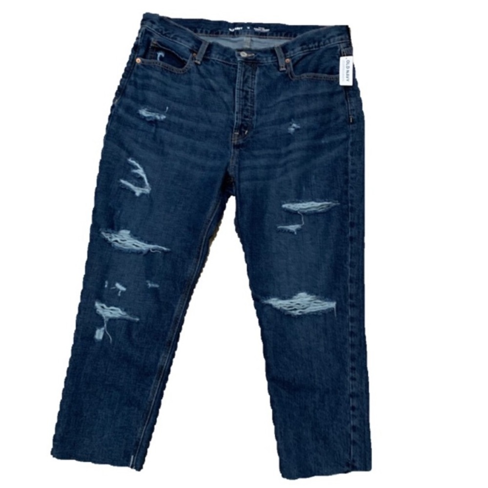 Old Navy High Rise Slouchy Straight Ripped Ankle Jeans 14 NEW